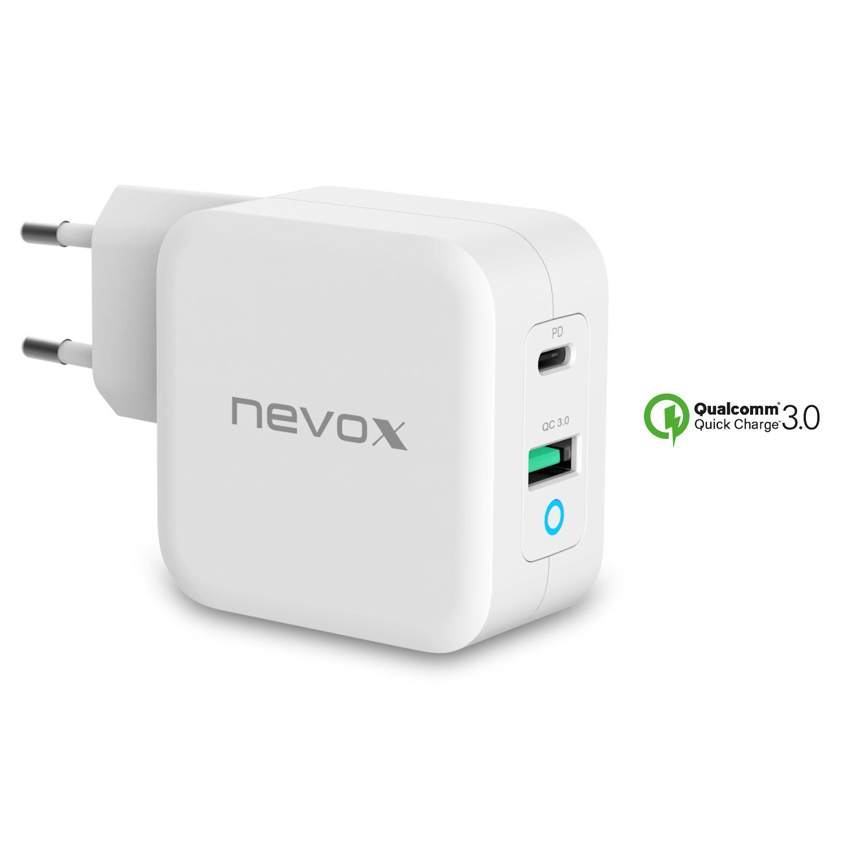 nevox Dual Ladegerät PD USB-C 65W GaN / USB-A QC3.0 18W Anschluss weiß