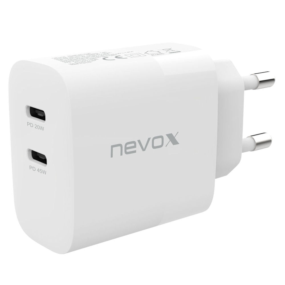 nevox Dual Ladegerät PD PPS 2x USB-C 45W Anschluss weiß