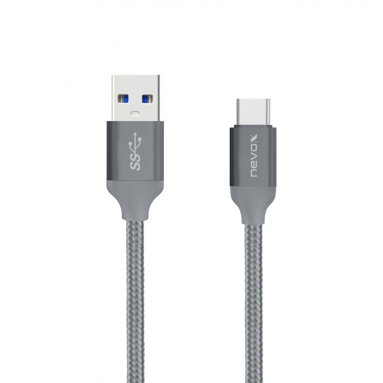 nevox Type-C zu USB 3.0 Typ-A Kabel Nylon geflochten 1 m silbergrau