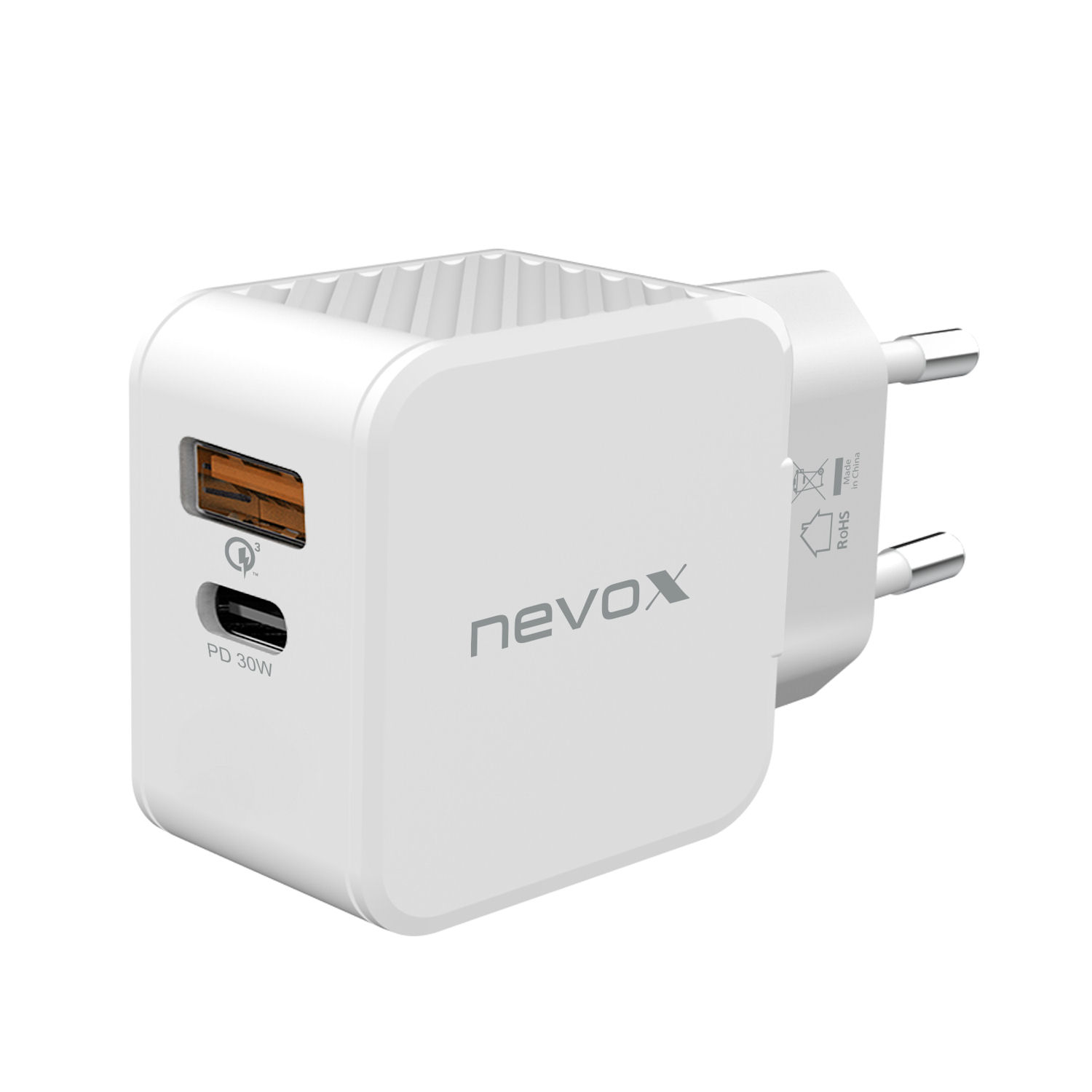 nevox Dual Ladegerät PD PPS USB-C 30W USB-A QC3.0 18W Anschluss weiß