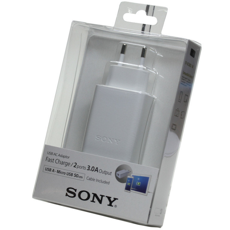 Ladegerät 2x USB Sony Original CP-AD2M2WC 1x Datenkabel MicroUSB 3,0 A weiß